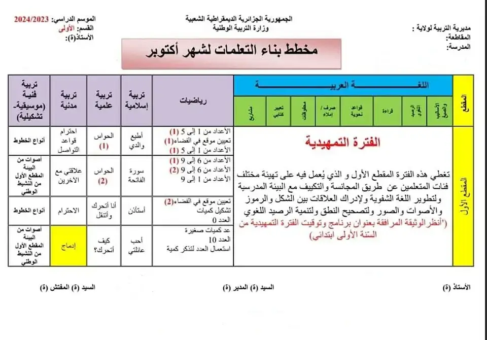 مخطط بناء التعلمات لشهر أكتوبر للسنة الاولى ابتدائي