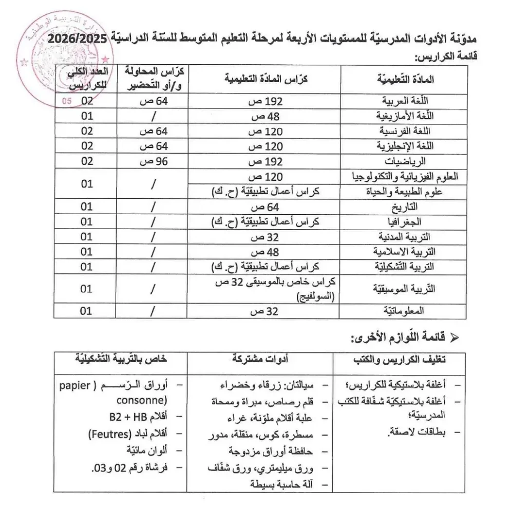 المدونة الرسمية للادوات المدرسية للتعليم المتوسط